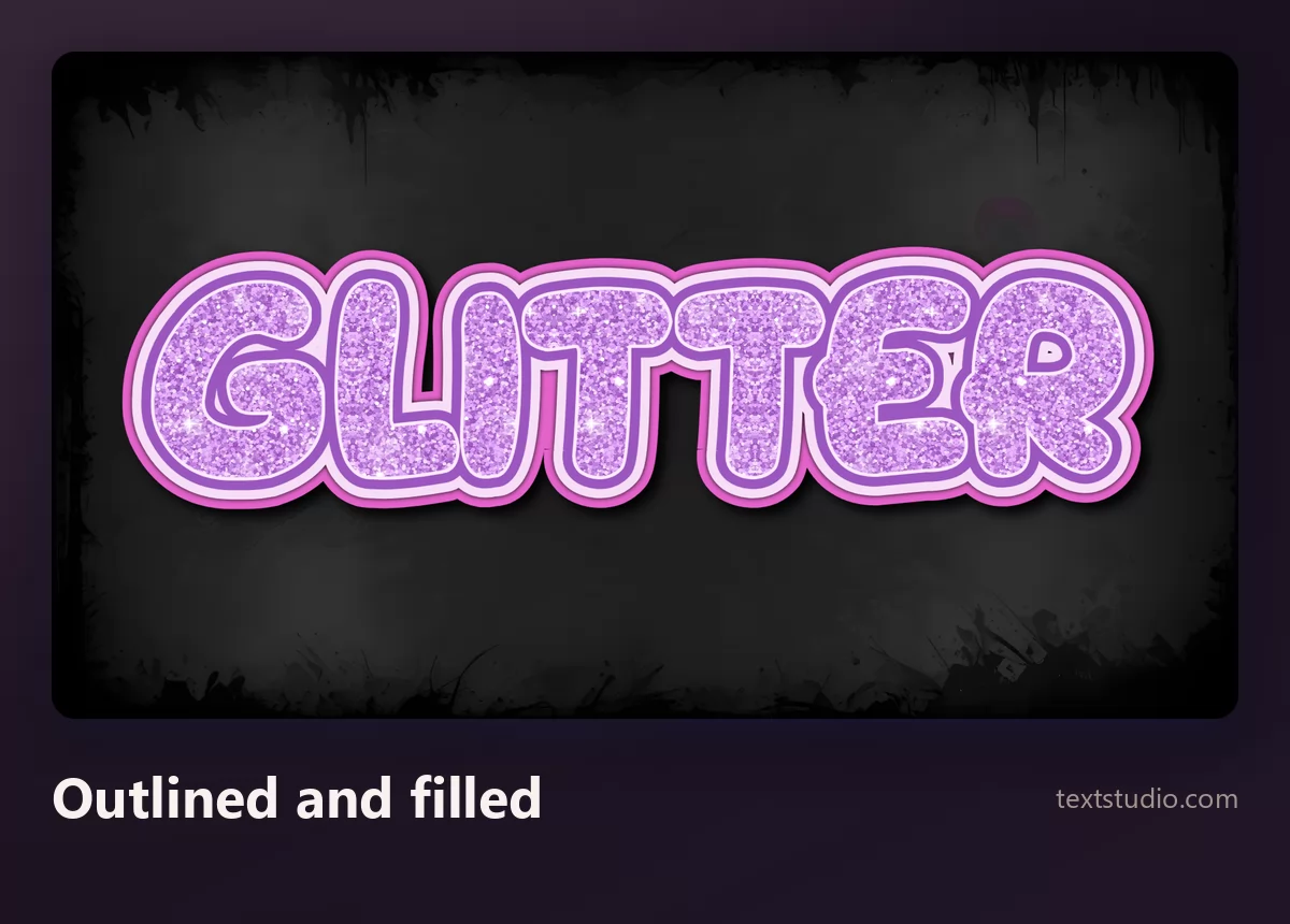 The word Glitter in round outlined bubble letters filled with purple sparkling grain, the heavy outline separating them clearly