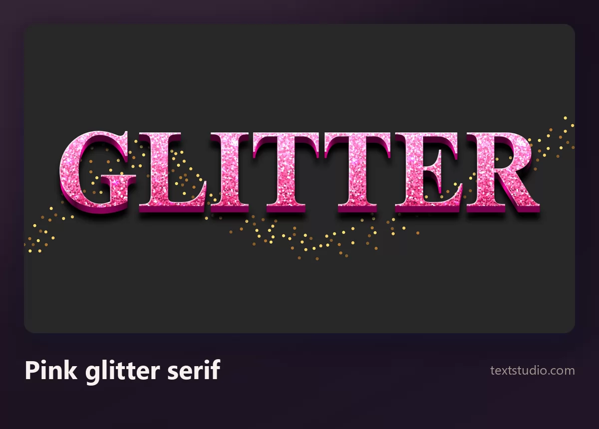 The word Glitter in a narrow pink glitter serif with dense sparkling grain inside the strokes and loose gold specks scattered around it
