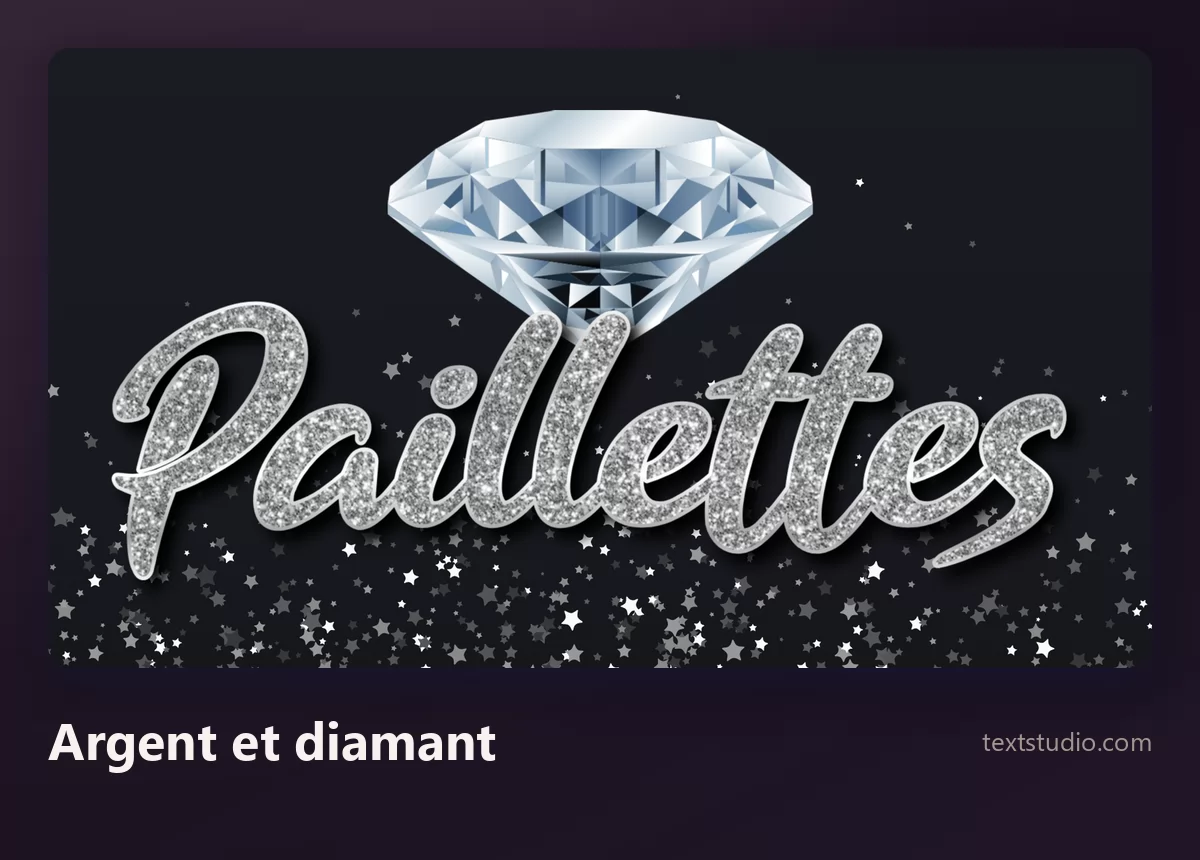 Le mot Paillettes en lettrage argent pailleté, avec un diamant taillé au-dessus du mot et de petites étoiles éparpillées sur un fond sombre