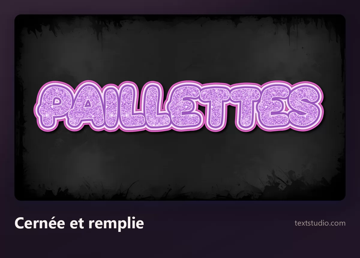 Le mot Paillettes en lettres bulle rondes et cernées, remplies d'un grain scintillant violet, le contour épais les séparant nettement