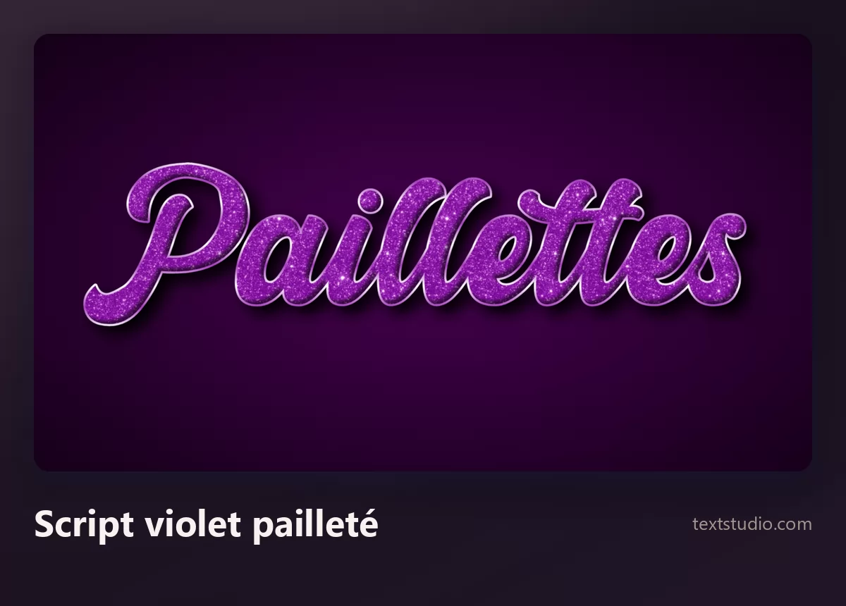 Le mot Paillettes dans un script violet pailleté et fluide, cerné d'un contour plus clair sur un fond violet sombre