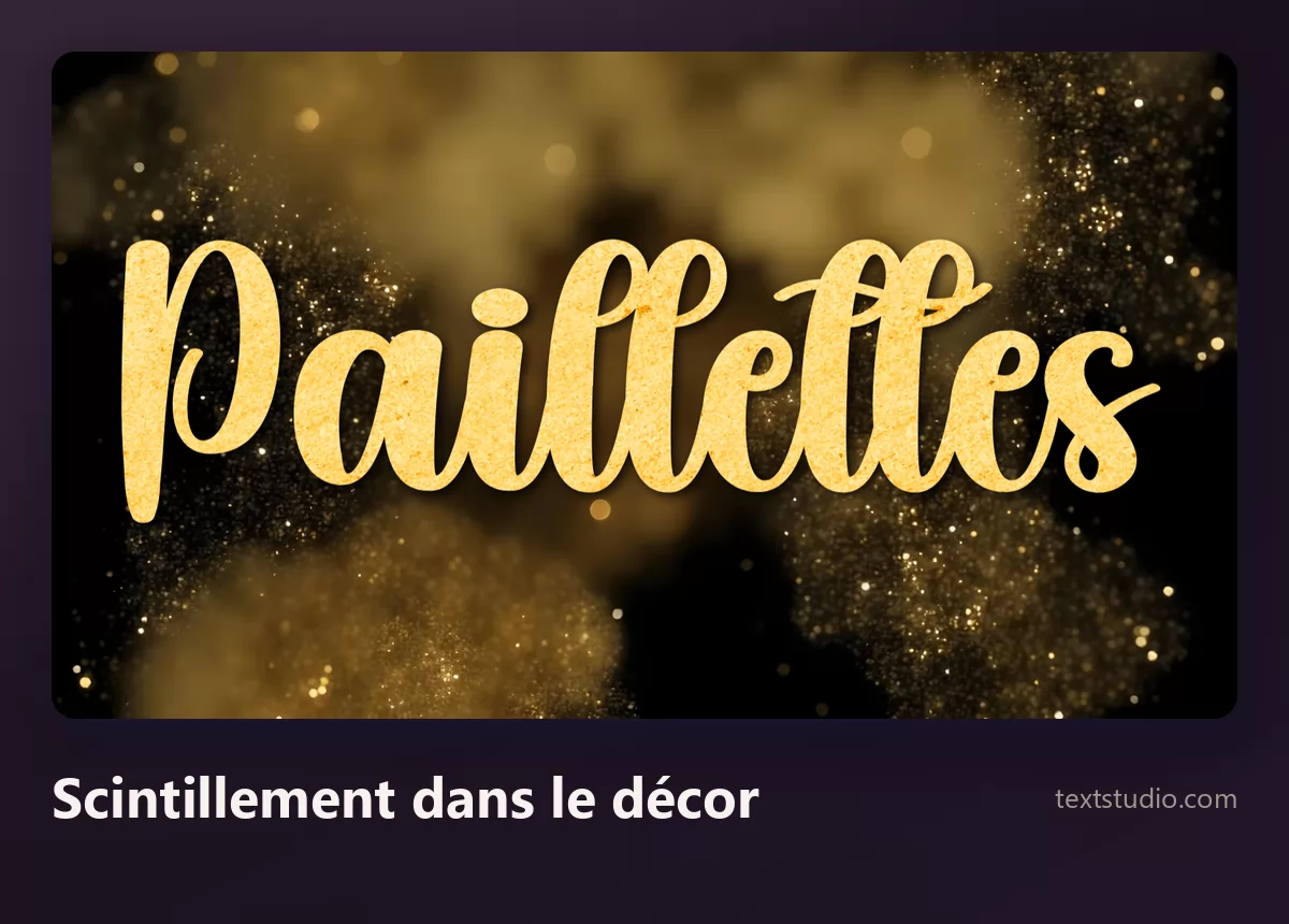 Le mot Paillettes en lettrage brosse doré et lisse, posé sur un fond sombre empli de nuages de poussière dorée scintillante