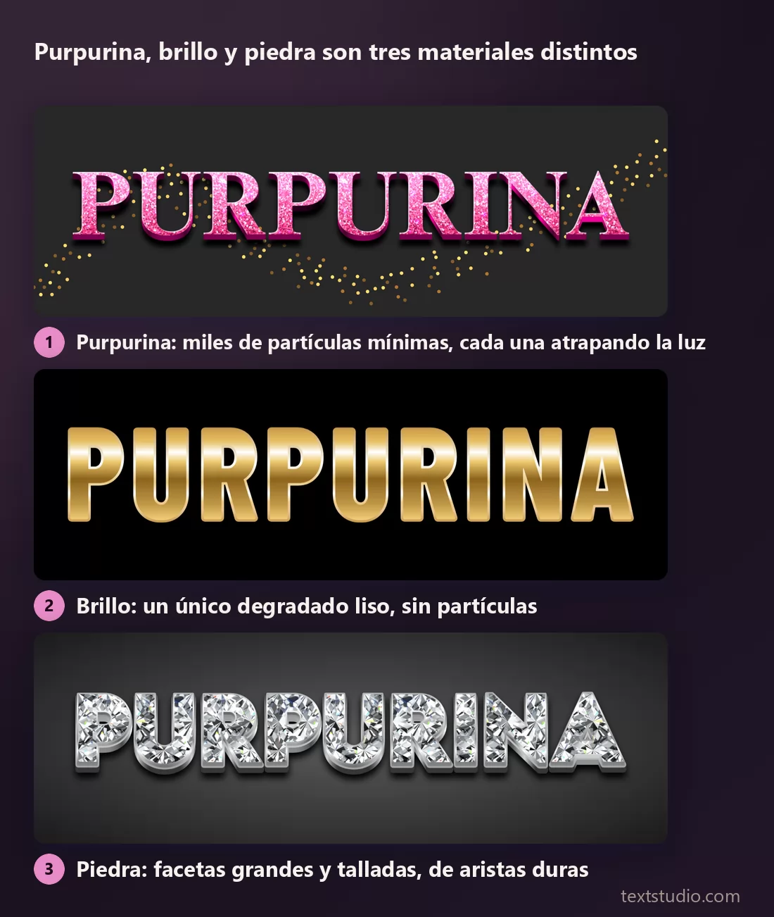 Tres ejemplos de lettering en oro y plata comparados: purpurina moteada hecha de partículas mínimas, un degradado dorado liso sin partículas, y letras talladas como piedras con facetas