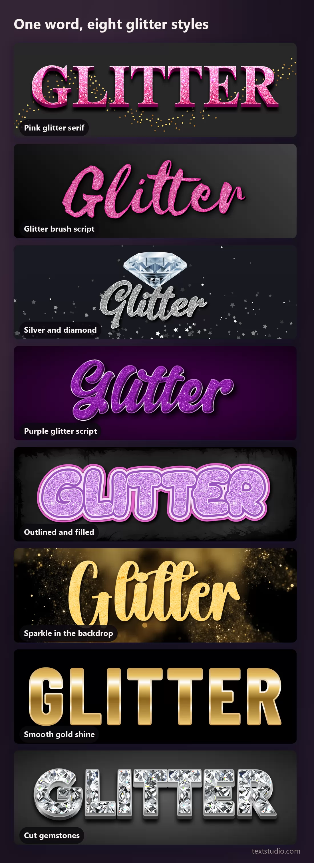 The same word in eight glitter and metallic lettering styles stacked for comparison, from pink glitter serif through silver and purple to smooth gold shine and cut gemstones