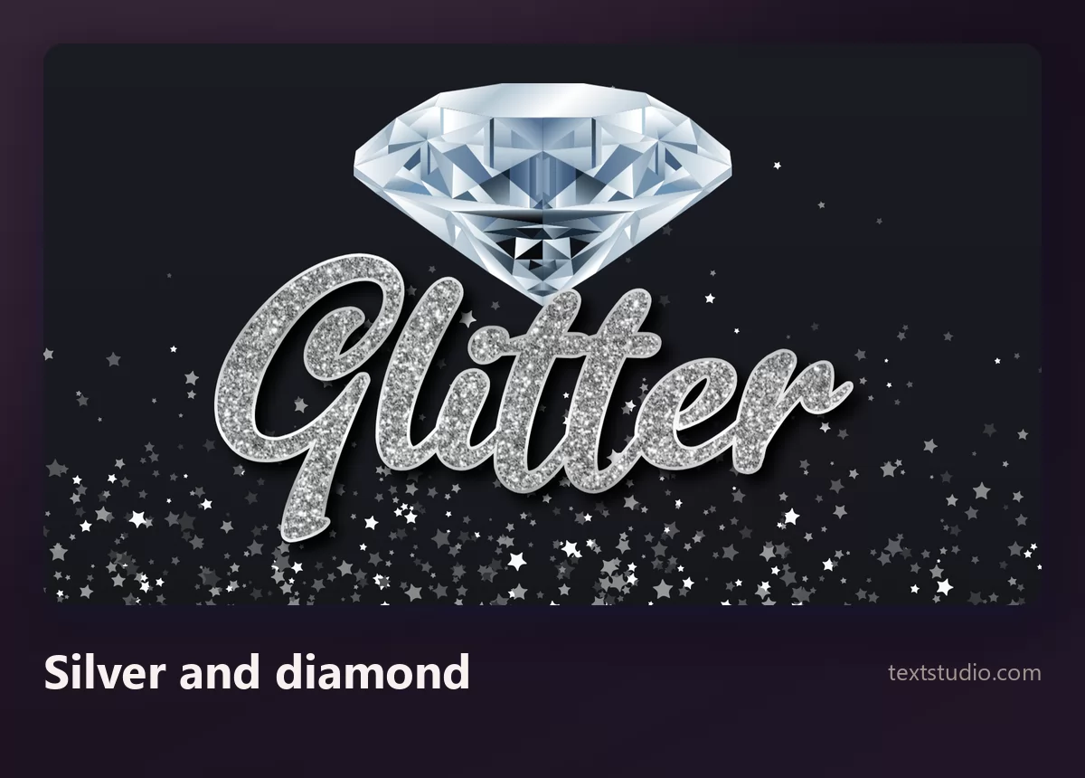 The word Glitter in silver glitter lettering with a cut diamond above the word and small stars scattered on a dark background