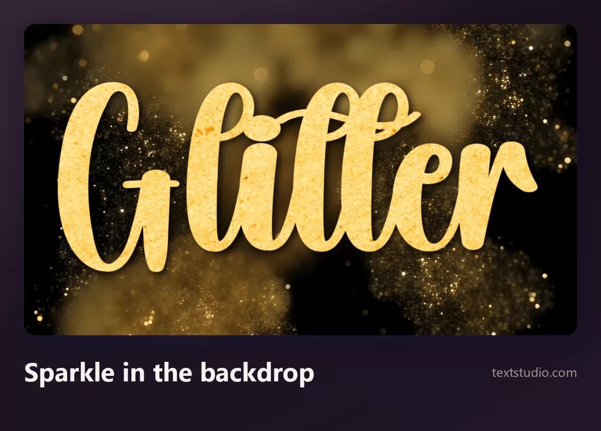 The word Glitter in smooth gold brush lettering set on a dark background filled with clouds of golden sparkling dust