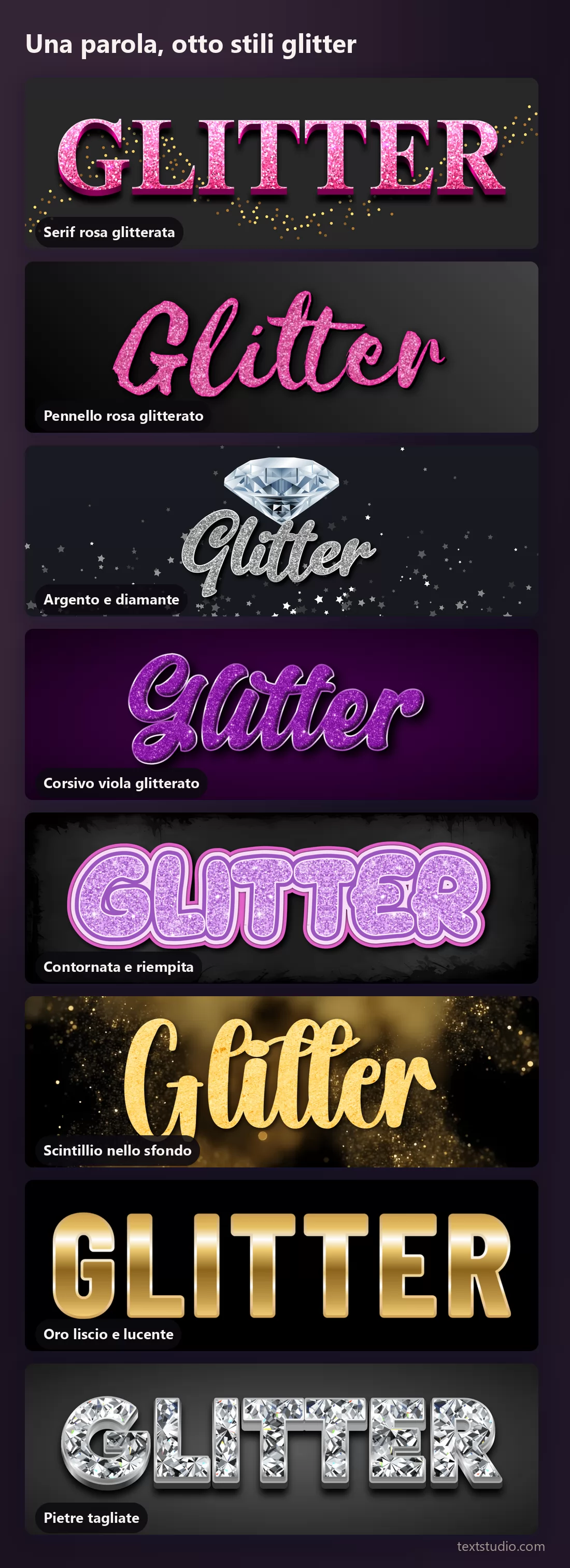 La stessa parola in otto stili di lettering glitter e metallici impilati per il confronto, dalla serif rosa glitterata all'argento e al viola, fino all'oro liscio e lucente e alle pietre tagliate