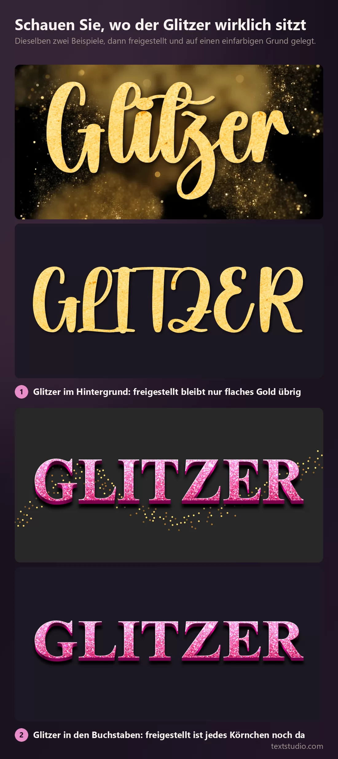 Zwei Glitzermuster und dieselben zwei freigestellt auf einfarbigem Grund: das goldene verliert sein ganzes Funkeln und wird flach, das rosa behält seine volle körnige Textur