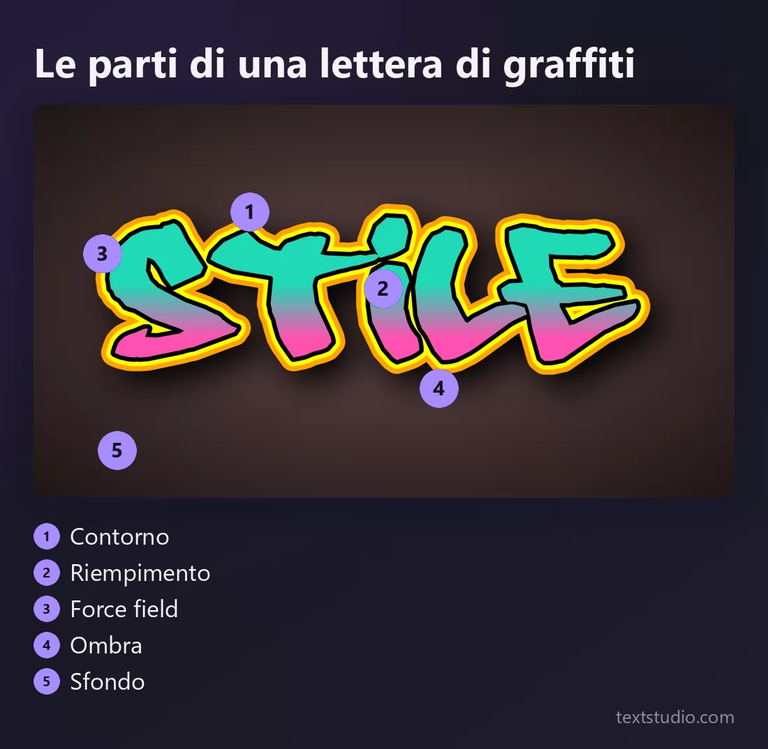 Un rendering graffiti con ogni parte numerata: il contorno, il riempimento, l'alone del force field, l'ombra portata e lo sfondo