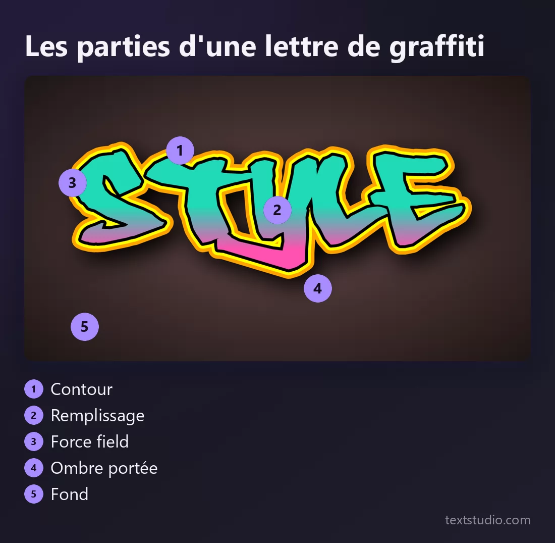Un rendu graffiti dont chaque partie est numérotée : le contour, le remplissage, le halo du force field, l'ombre portée et le fond