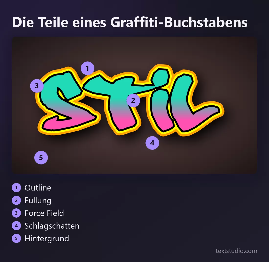 Ein Graffiti-Rendering mit nummerierten Bestandteilen: die Outline, die Füllung, das Force Field als Halo, der Schlagschatten und der Hintergrund