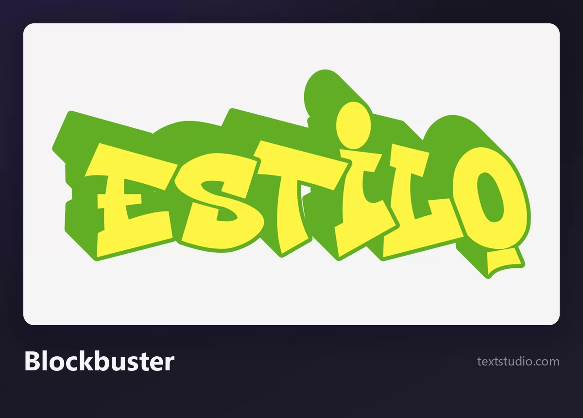 La palabra Estilo en letras blockbuster de graffiti, mayúsculas amarillas macizas con una extrusión tridimensional verde oscuro