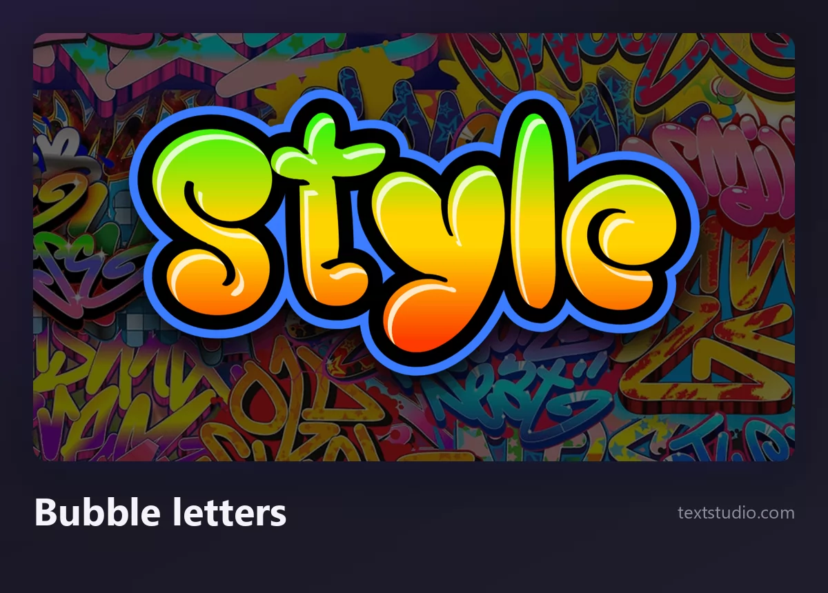The word Style in orange and yellow bubble graffiti letters with a blue outline and a glossy highlight, over a colourful wall