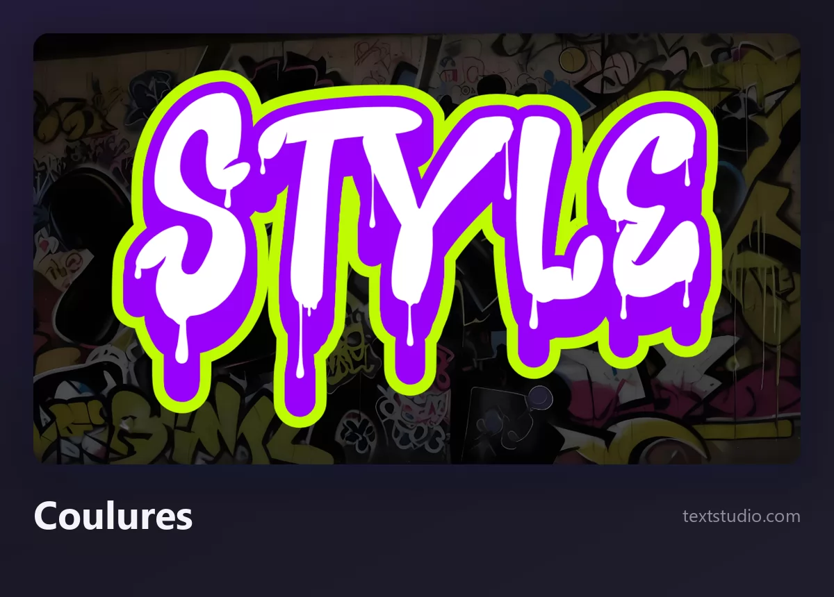 Le mot Style en lettres graffiti blanches avec des coulures violettes qui descendent de chaque lettre, devant un mur couvert de stickers