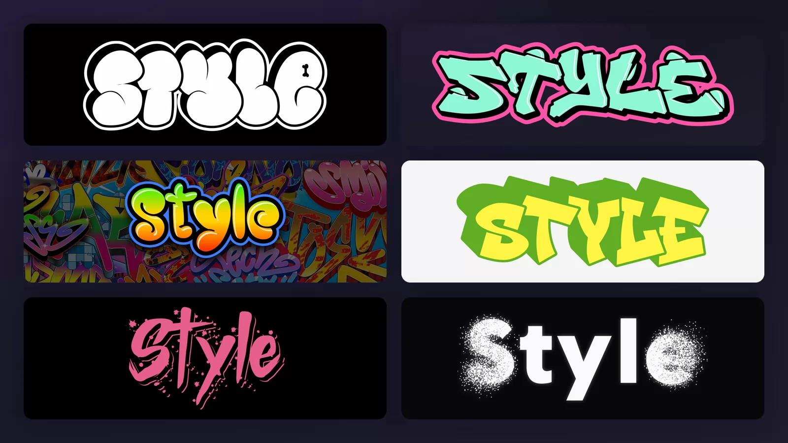 The word Style rendered in six graffiti lettering styles: a white throw-up, a teal and pink wildstyle piece, orange bubble letters, chunky green blockbuster blocks, a pink handstyle tag and white spray stencil letters