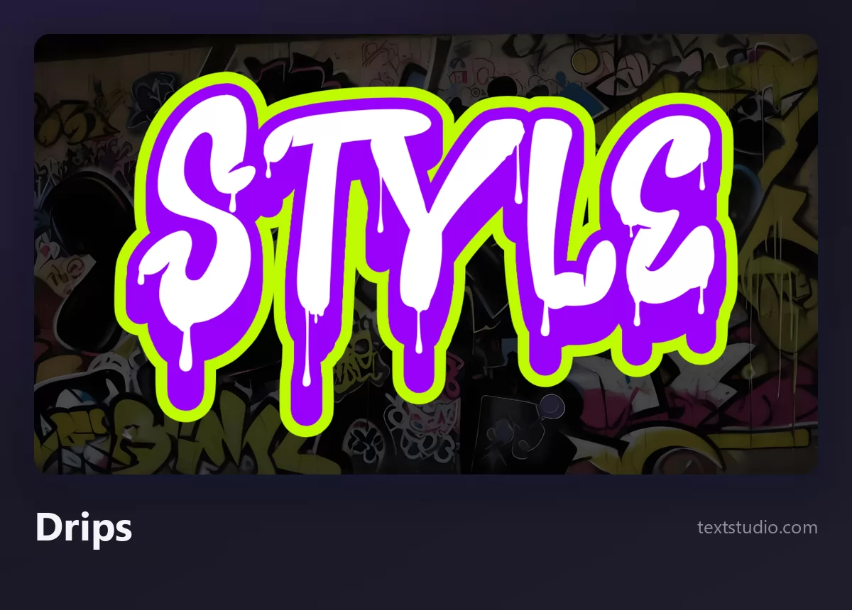 The word Style in white graffiti letters with purple drips running down from each letter, over a sticker-covered wall