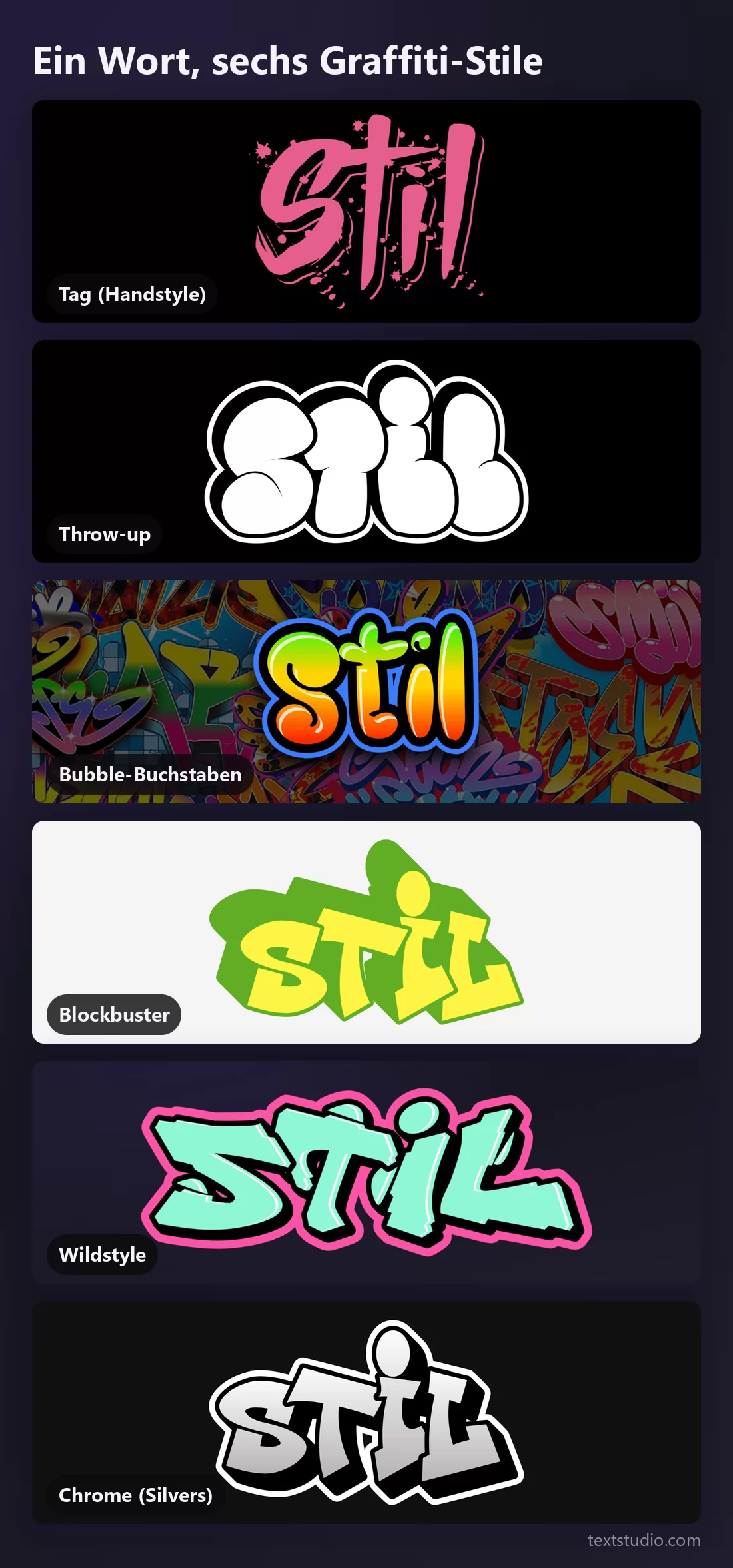 Das Wort Stil in sechs Graffiti-Stilen zum Vergleich gestapelt: Tag, Throw-up, Bubble-Buchstaben, Blockbuster, Wildstyle und Chrome