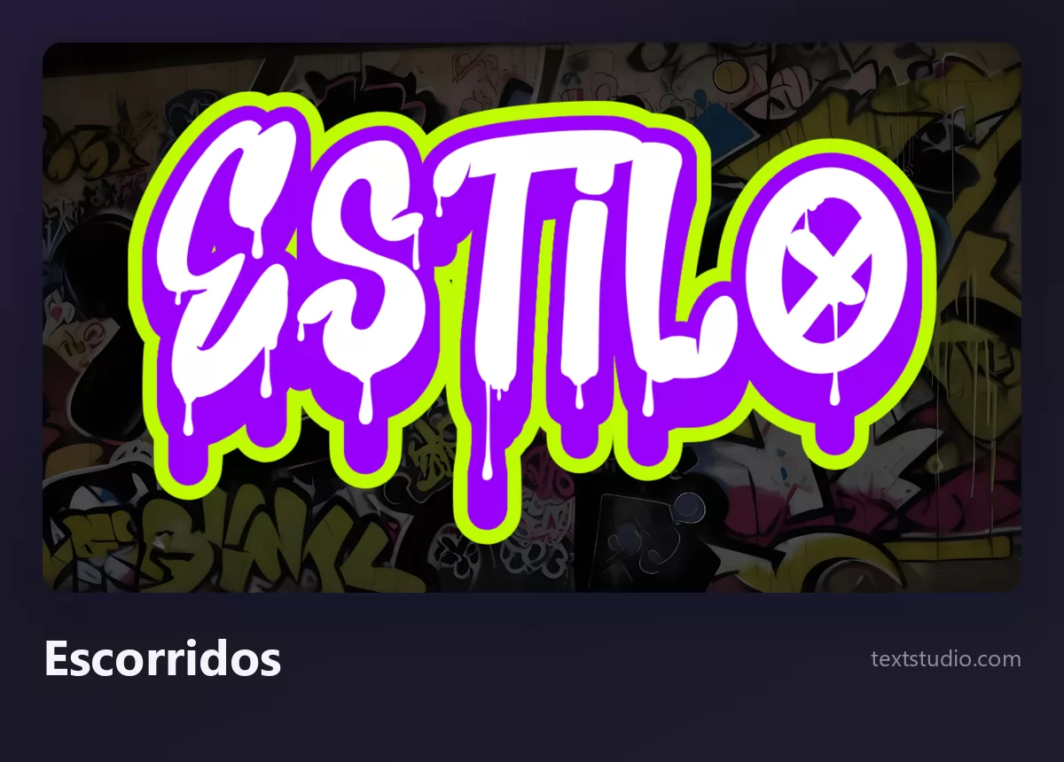A palavra Estilo em letras de grafite brancas com escorridos roxos descendo de cada letra, sobre um muro coberto de adesivos