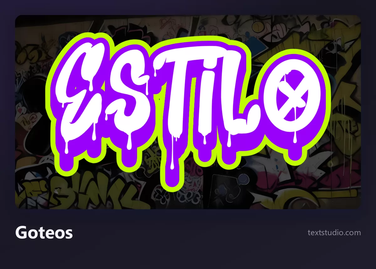 La palabra Estilo en letras de graffiti blancas con goteos morados cayendo desde cada letra, sobre un muro cubierto de pegatinas