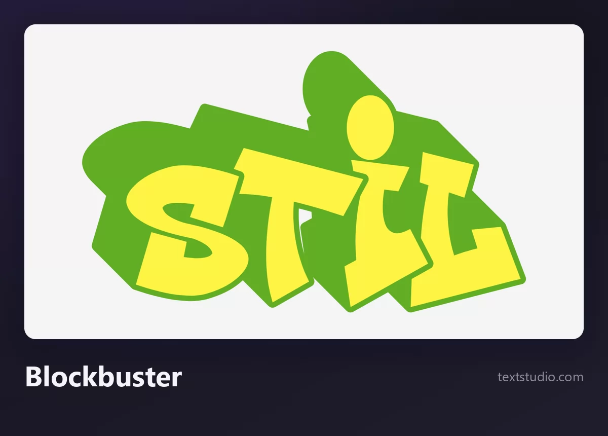 Das Wort Stil in Blockbuster-Graffiti-Buchstaben, wuchtige gelbe Großbuchstaben mit tiefgrüner dreidimensionaler Extrusion