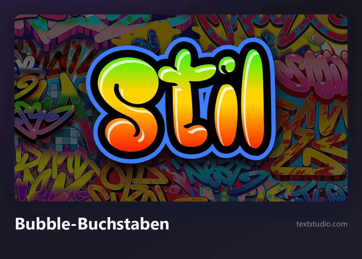 Das Wort Stil in orangefarbenen und gelben Bubble-Buchstaben mit blauer Outline und glänzendem Glanzlicht vor einer bunten Wand