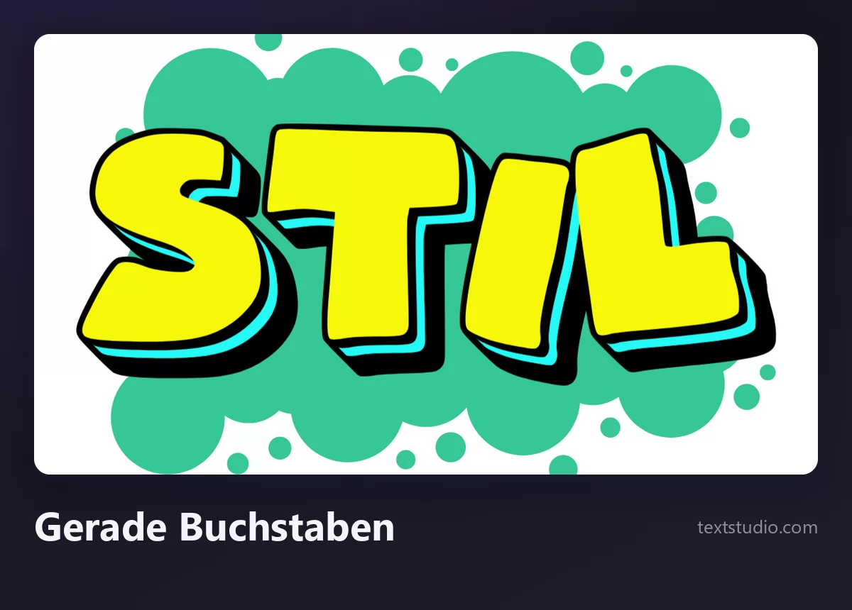 Das Wort Stil in geraden Graffiti-Buchstaben, fette gelbe Großbuchstaben mit cyanfarbener dreidimensionaler Kante auf türkisem Hintergrund