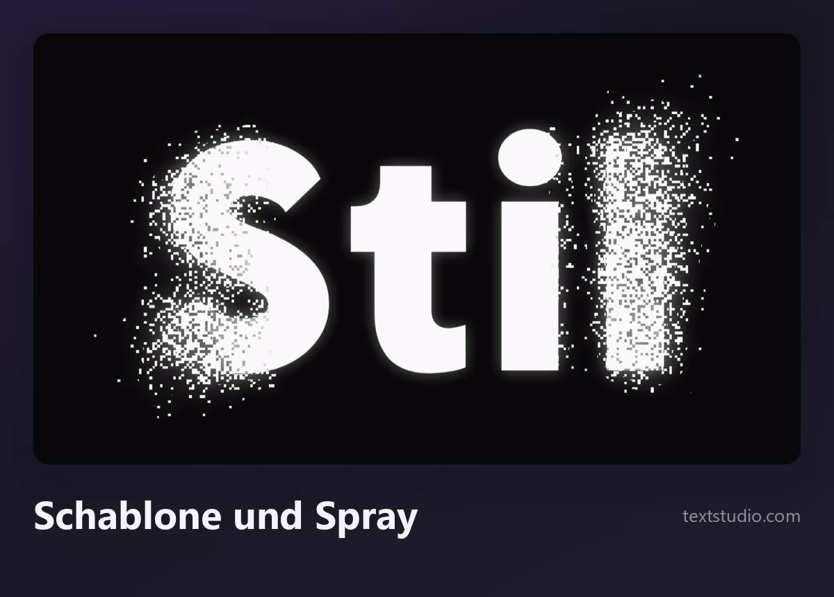 Das Wort Stil in weißem Schablonen-Lettering mit dichten Farbspritzern und Sprühnebel rund um die Buchstaben auf schwarzem Hintergrund