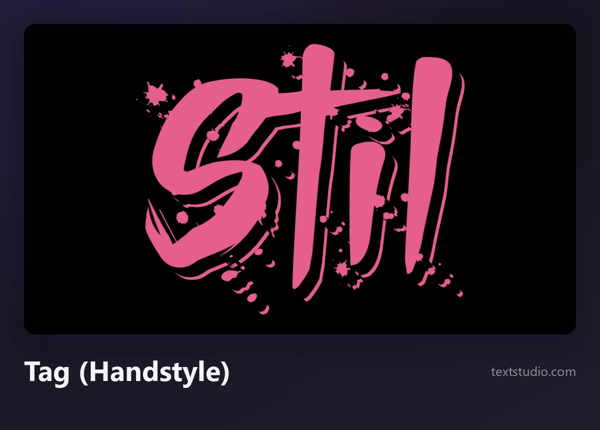 Das Wort Stil als rosa Graffiti-Tag geschrieben, ein schneller einfarbiger Handstyle mit Farbspritzern auf schwarzem Hintergrund