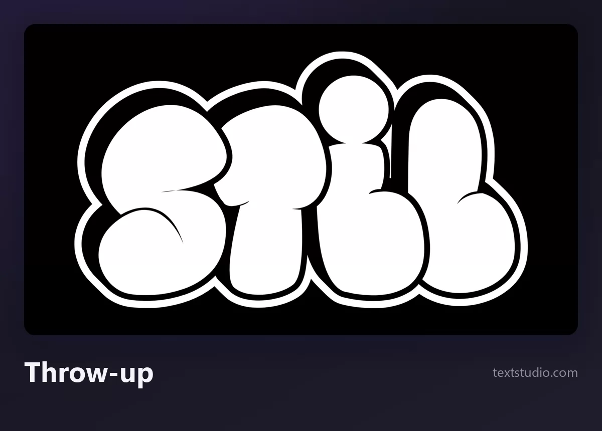 Das Wort Stil als Graffiti-Throw-up, fette weiße Bubble-Buchstaben mit dicker schwarzer Outline auf schwarzem Hintergrund