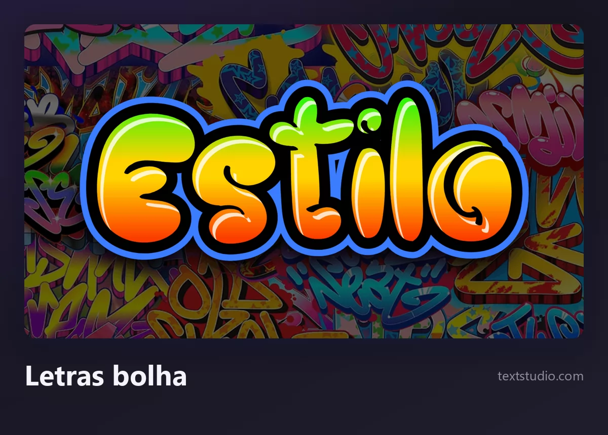A palavra Estilo em letras bolha de grafite laranja e amarelas com contorno azul e um brilho acetinado, sobre um muro colorido
