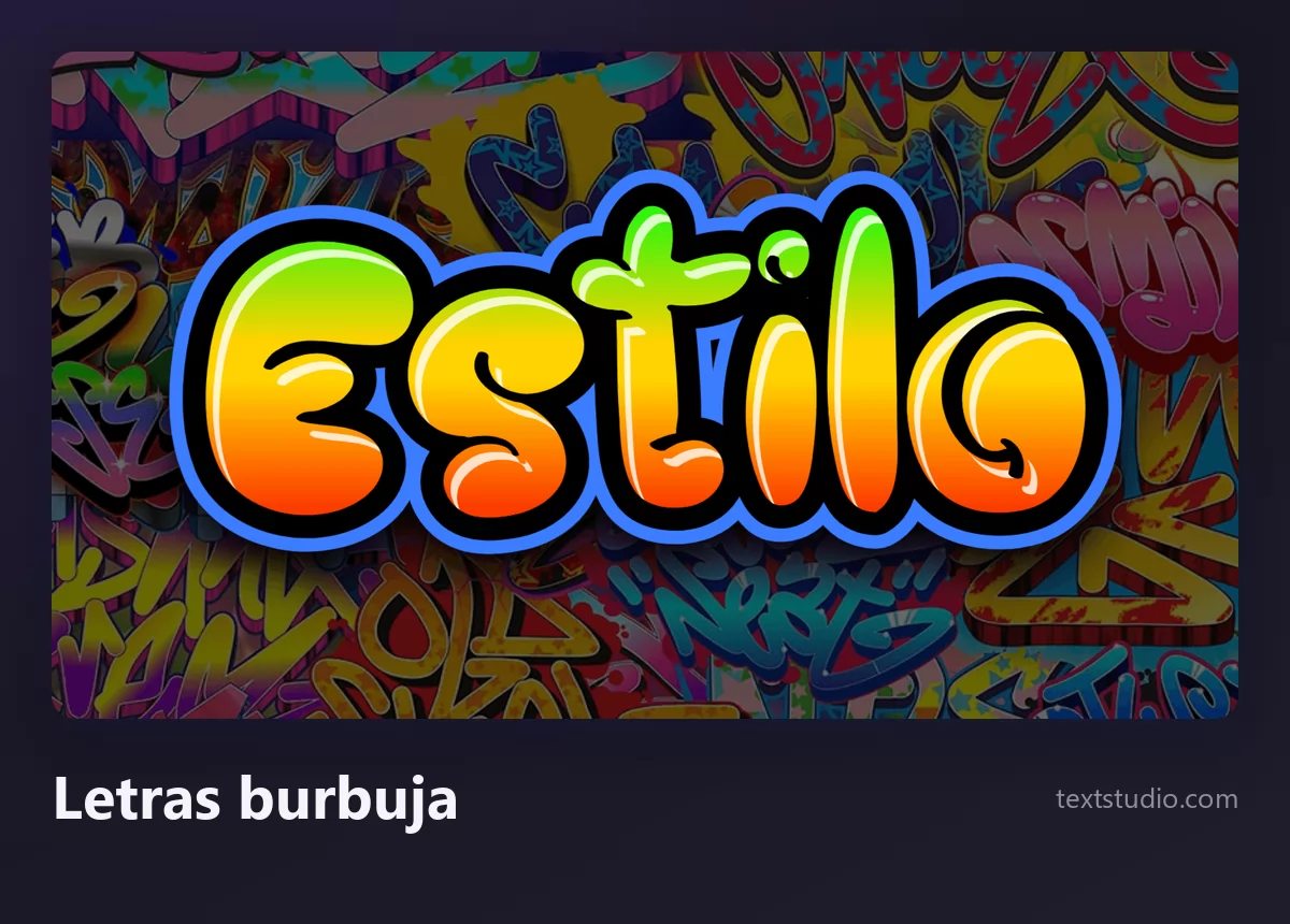 La palabra Estilo en letras burbuja de graffiti naranjas y amarillas con contorno azul y un reflejo brillante, sobre un muro de colores