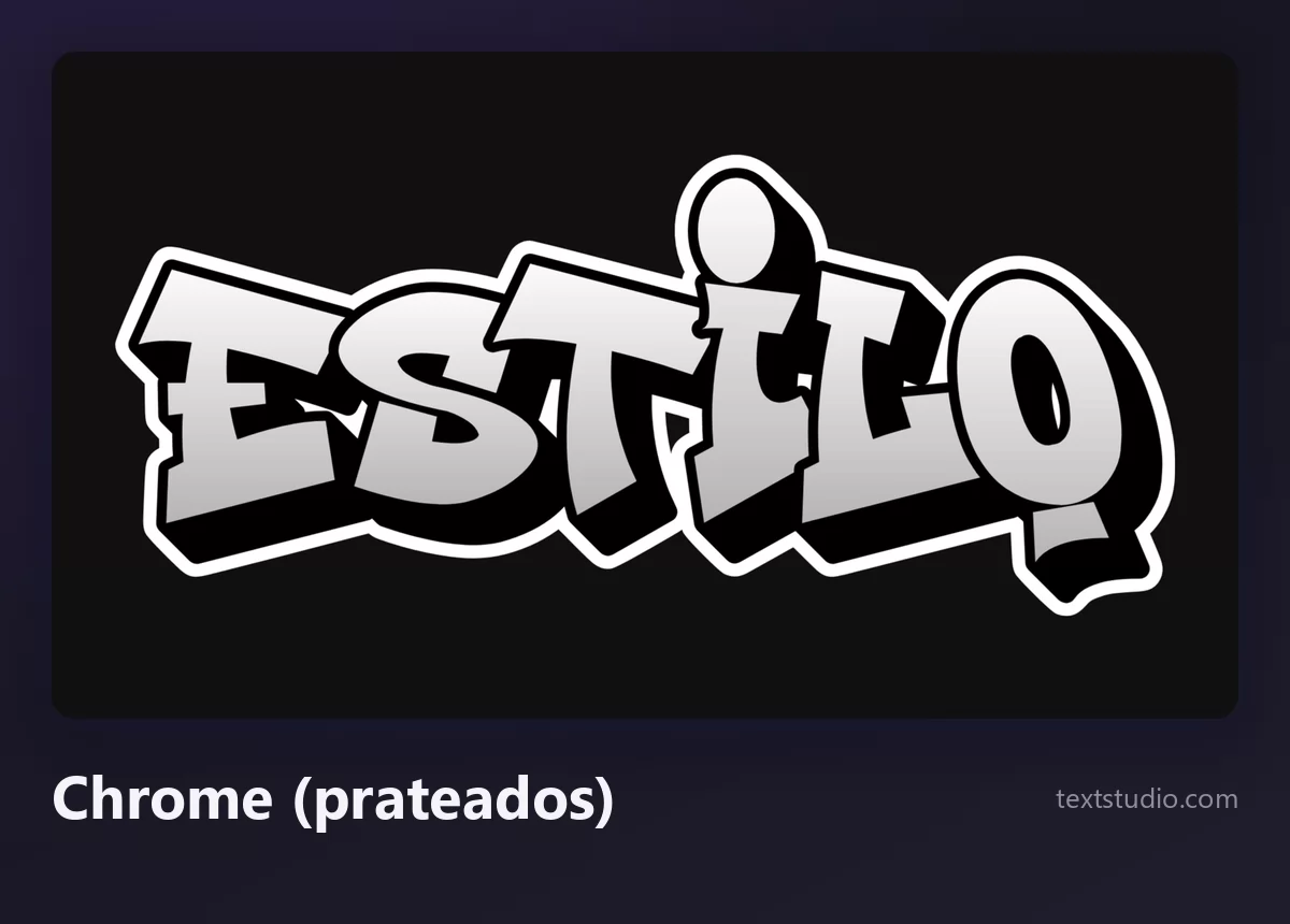 A palavra Estilo em letras chrome de grafite, preenchimento prateado metálico com contorno preto e uma sombra projetada dura