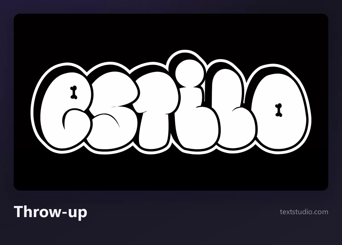 La palabra Estilo en forma de throw-up de graffiti, letras burbuja blancas y gordas con un contorno negro grueso sobre fondo negro