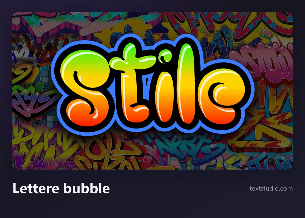La parola Stile in lettere bubble graffiti arancioni e gialle con contorno blu e un riflesso lucido, su un muro colorato