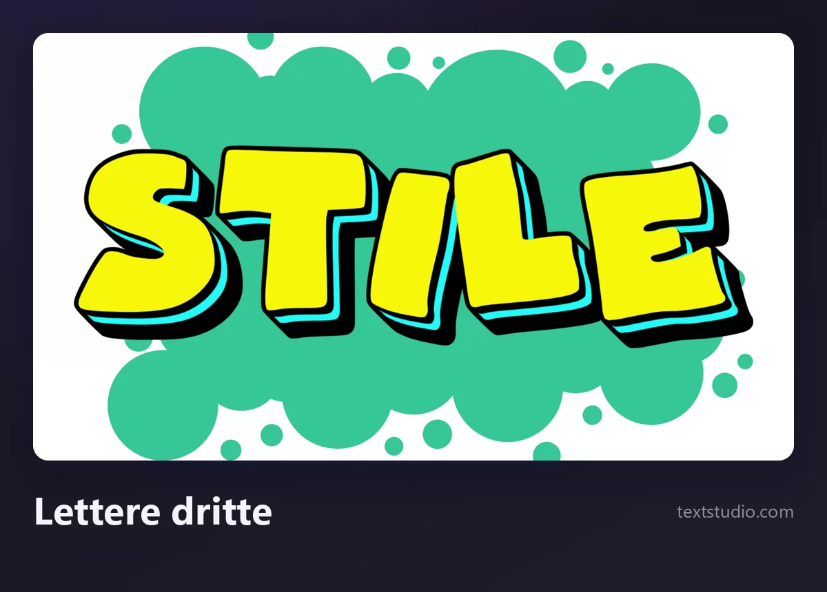 La parola Stile in lettere dritte graffiti, maiuscole gialle marcate con un bordo tridimensionale ciano su fondo turchese