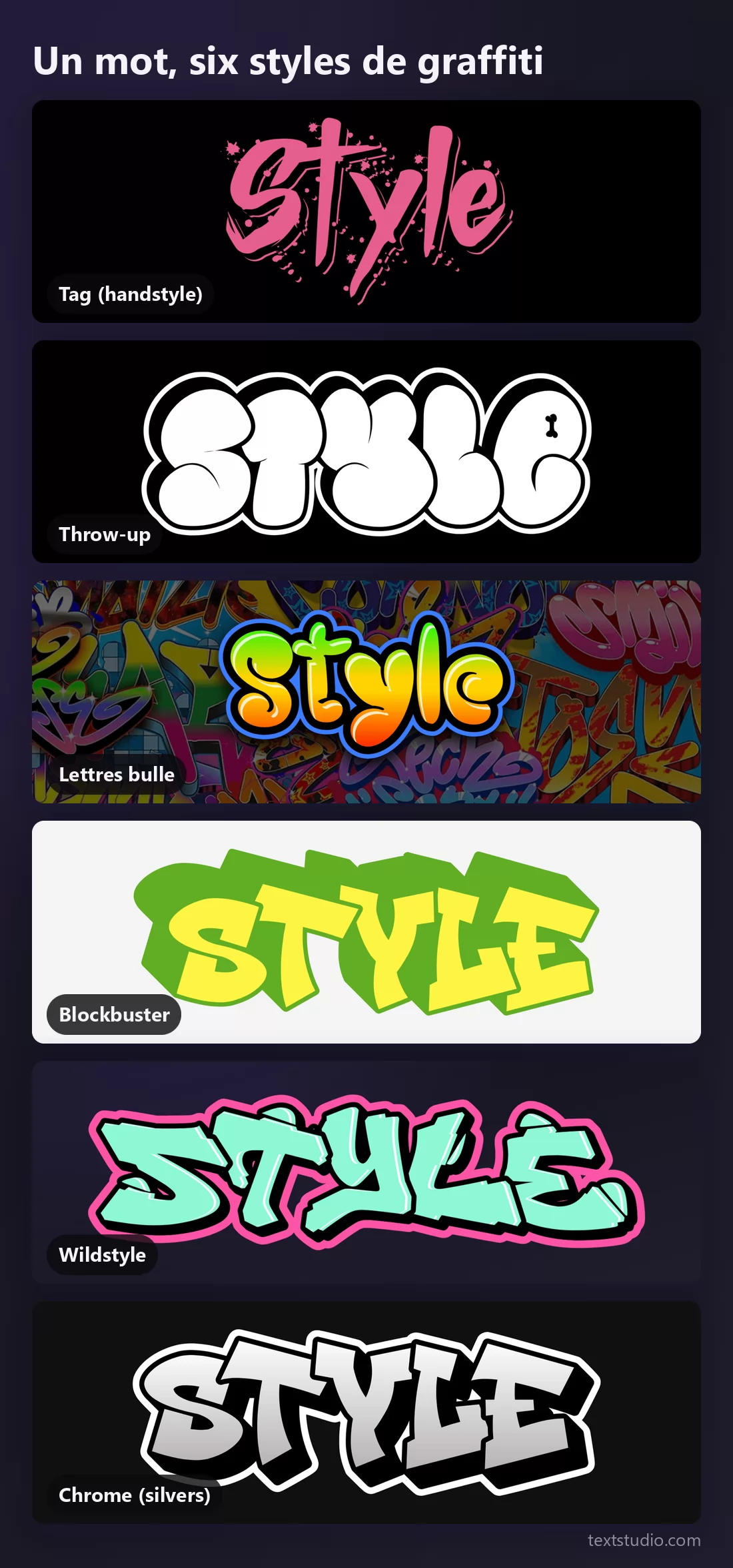 Le mot Style dans six styles de graffiti empilés pour comparaison : tag, throw-up, lettres bulle, blockbuster, wildstyle et chrome