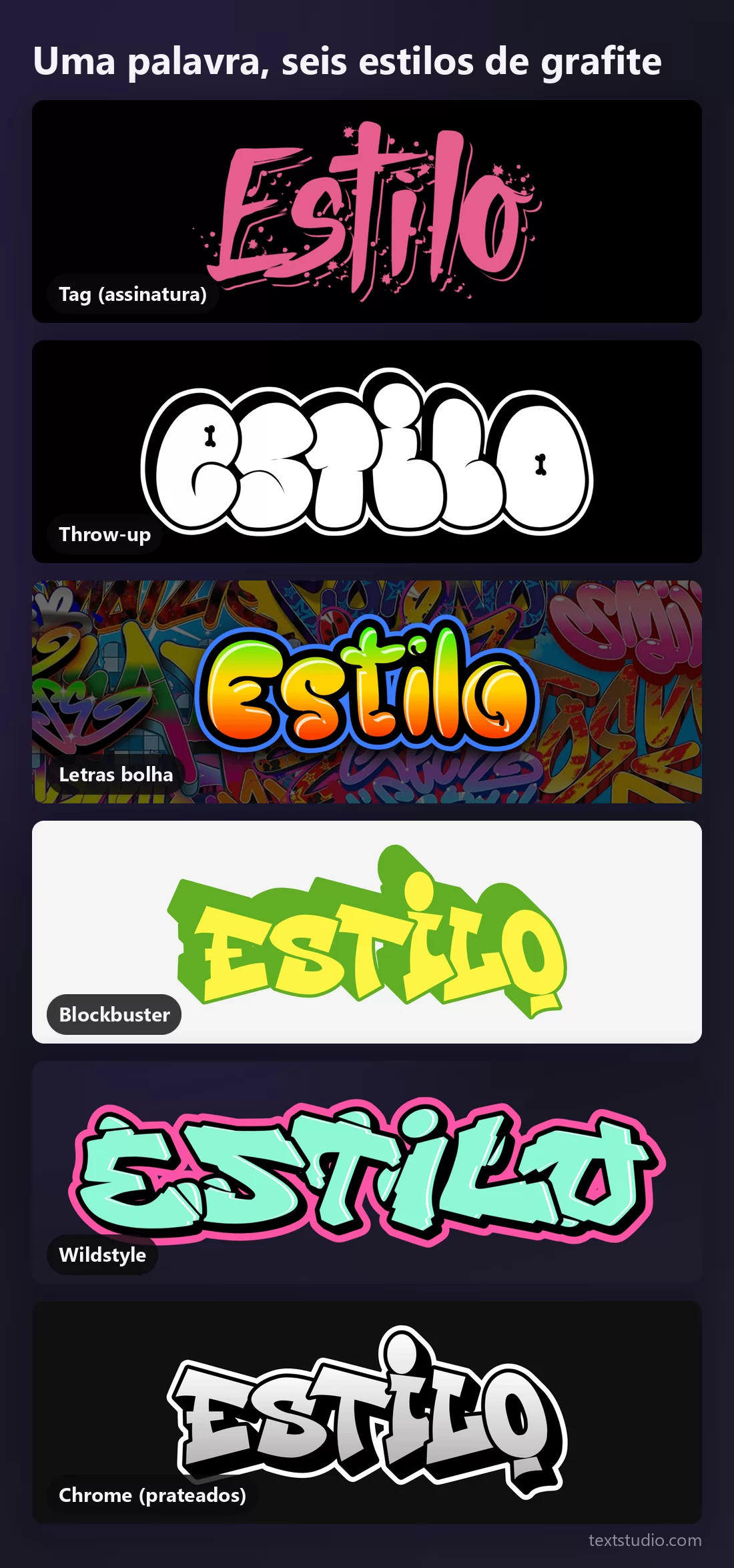 A palavra Estilo em seis estilos de grafite empilhados para comparação: tag, throw-up, letras bolha, blockbuster, wildstyle e chrome
