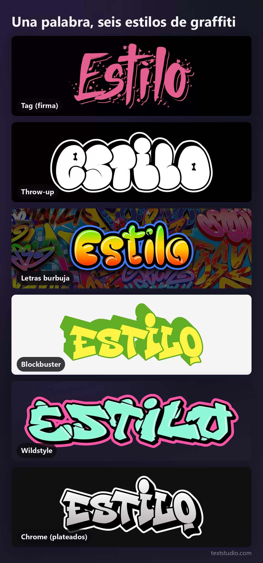 La palabra Estilo en seis estilos de graffiti apilados para compararlos: tag, throw-up, letras burbuja, blockbuster, wildstyle y chrome