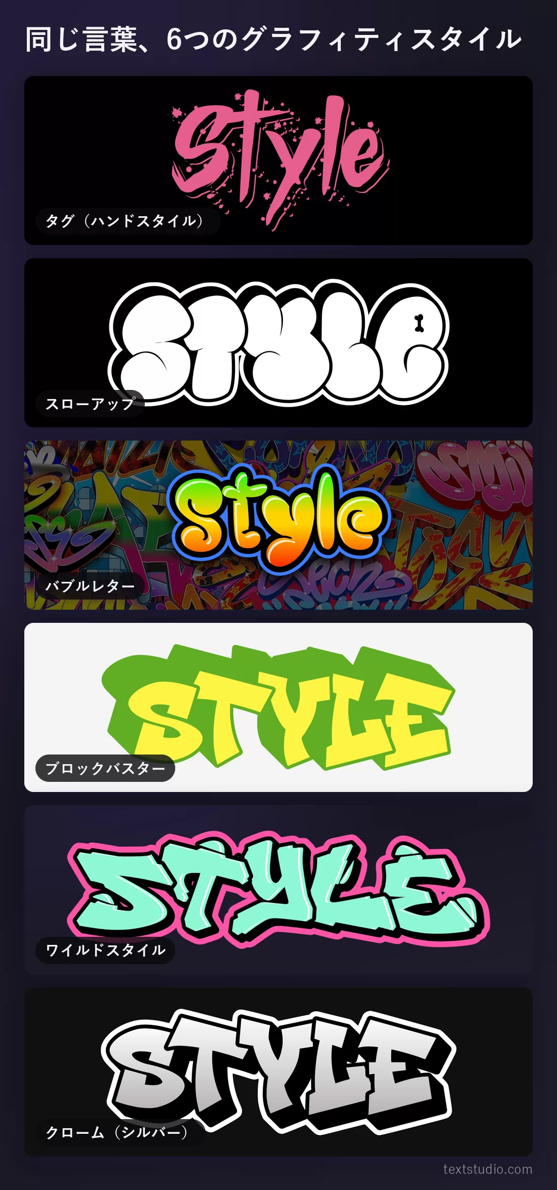 比較のために「Style」を6つのグラフィティスタイルで縦に並べたもの:タグ(ハンドスタイル)、スローアップ、バブルレター、ブロックバスター、ワイルドスタイル、クローム(シルバー)