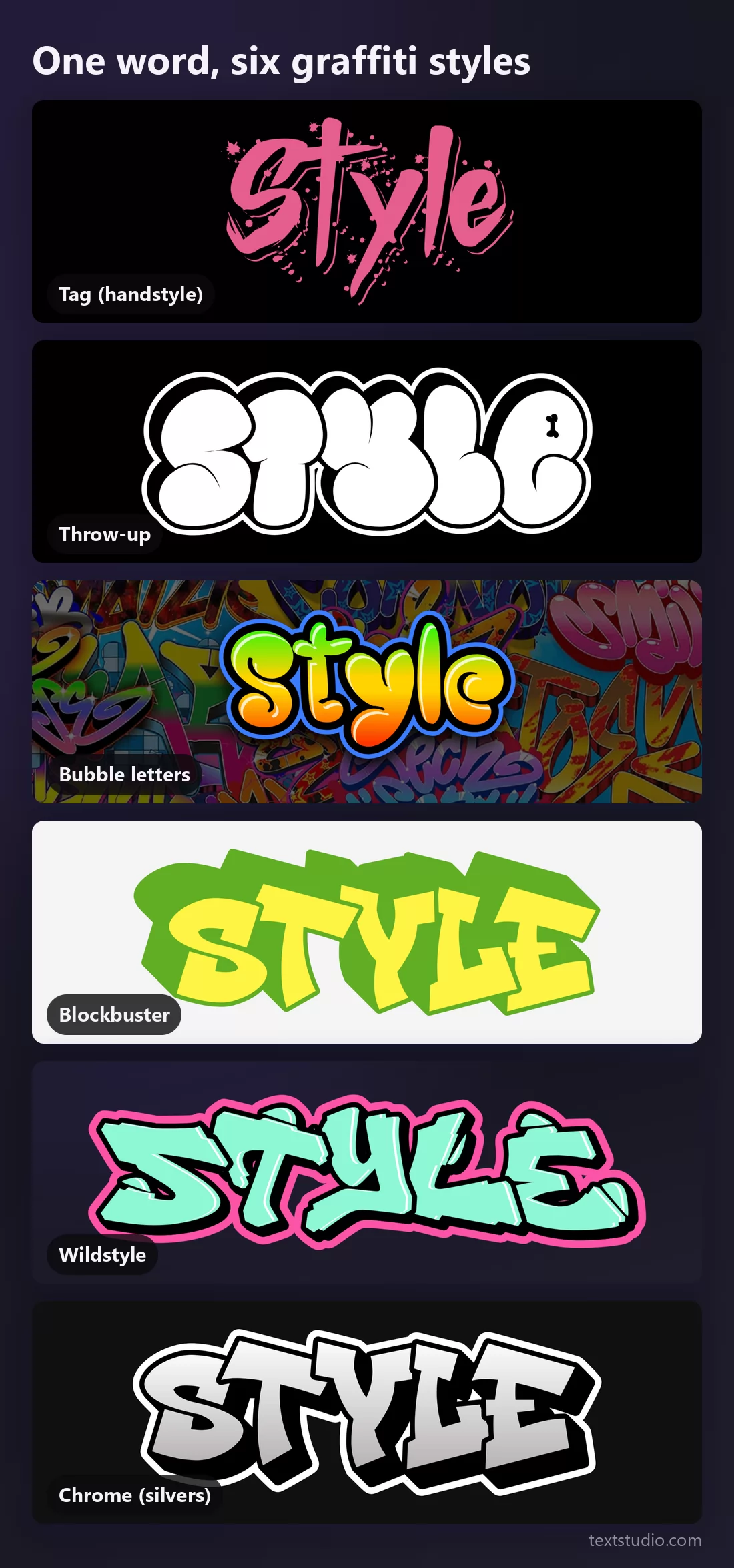 The word Style in six graffiti styles stacked for comparison: tag, throw-up, bubble letters, blockbuster, wildstyle and chrome
