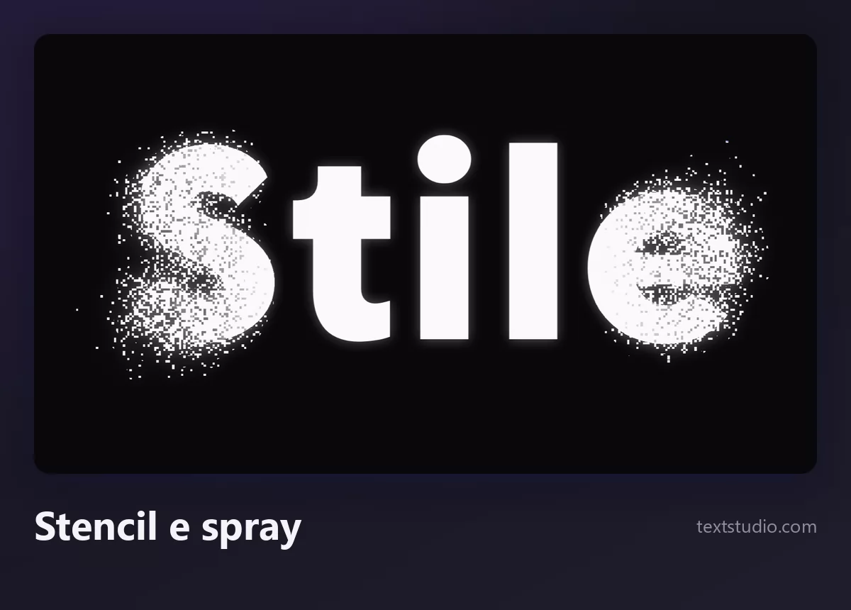 La parola Stile in lettering stencil bianco con grana di vernice spray e alone marcato intorno alle lettere su fondo nero