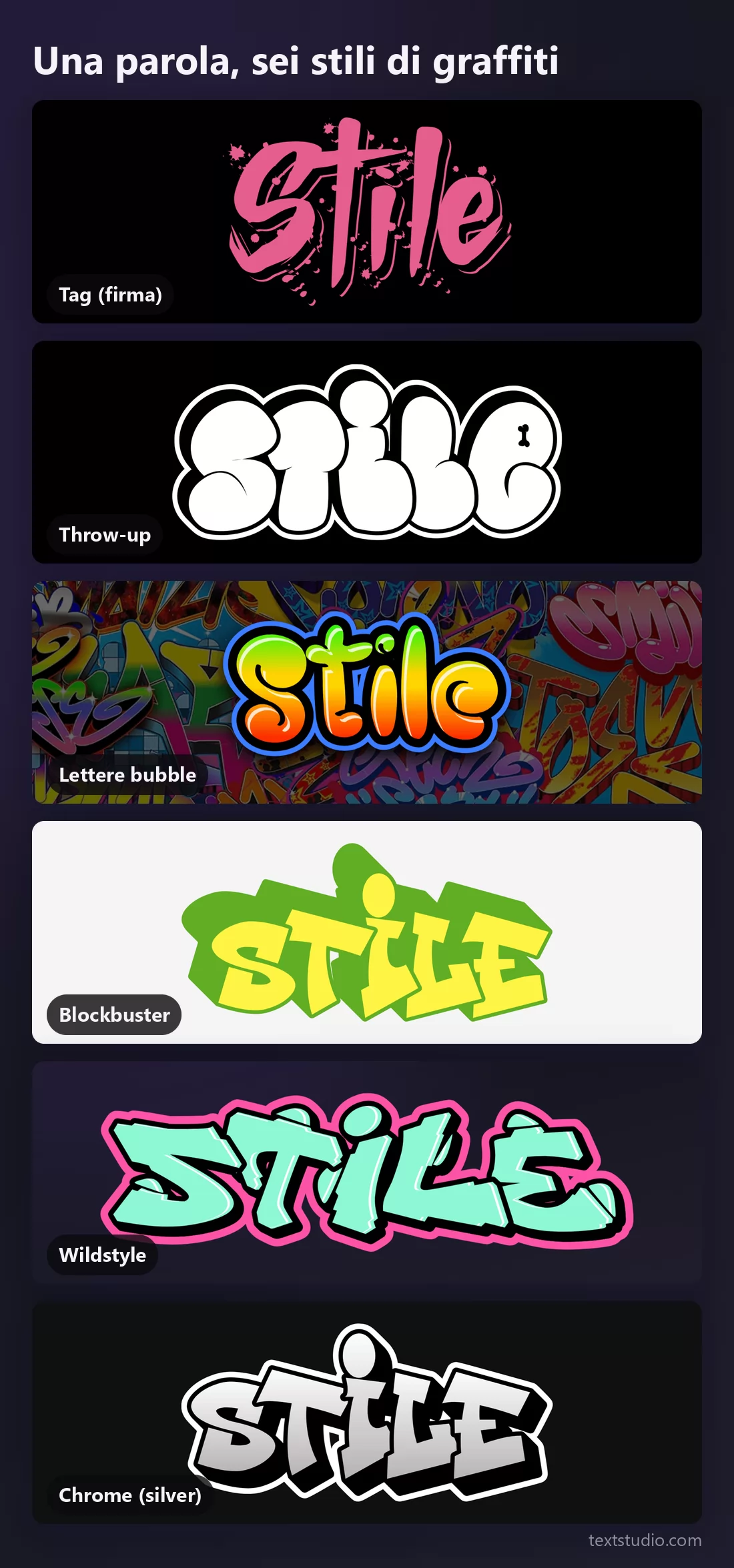 La parola Stile in sei stili graffiti impilati a confronto: tag, throw-up, lettere bubble, blockbuster, wildstyle e chrome