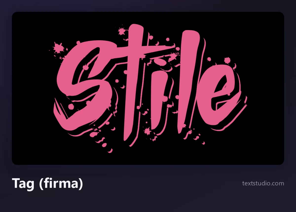 La parola Stile scritta come un tag graffiti rosa, un handstyle veloce a un solo colore con schizzi di vernice su fondo nero