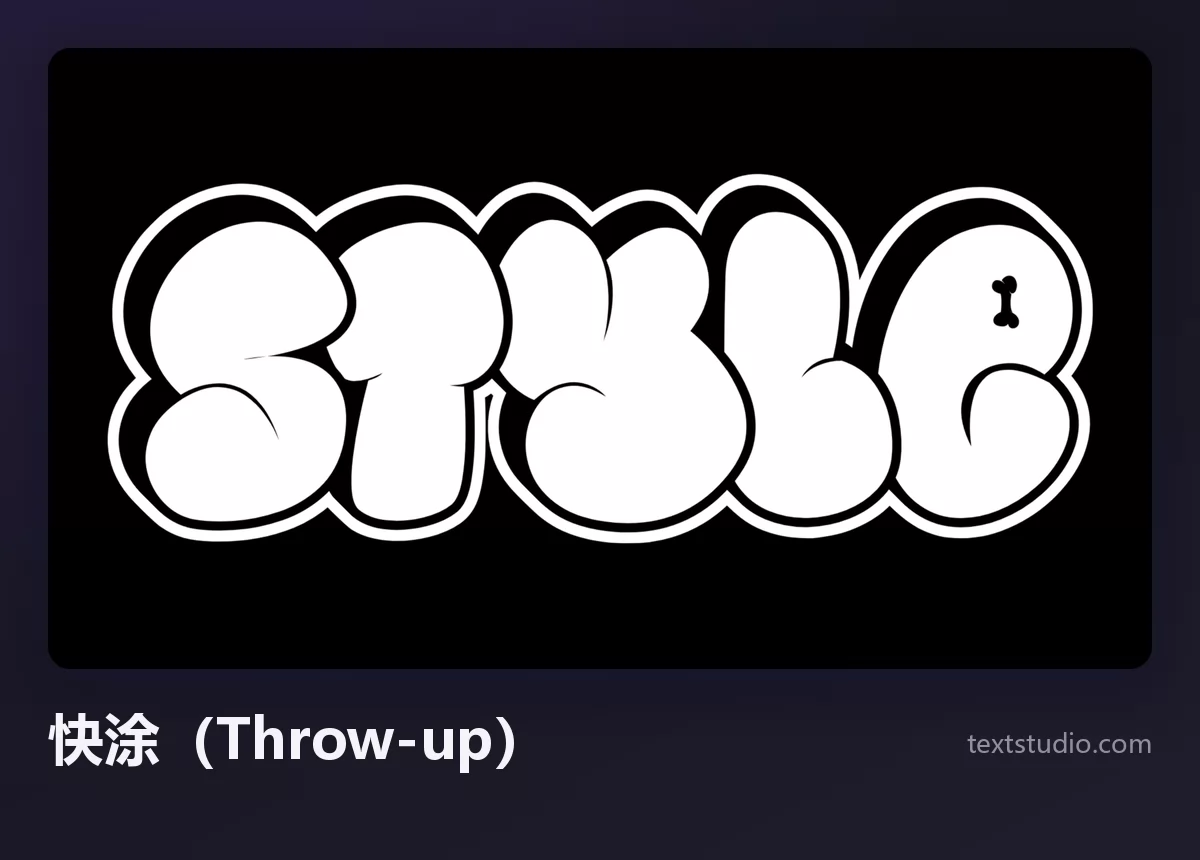 Style 一词的涂鸦快涂（Throw-up），黑色背景上厚重黑色轮廓的肥白泡泡字母