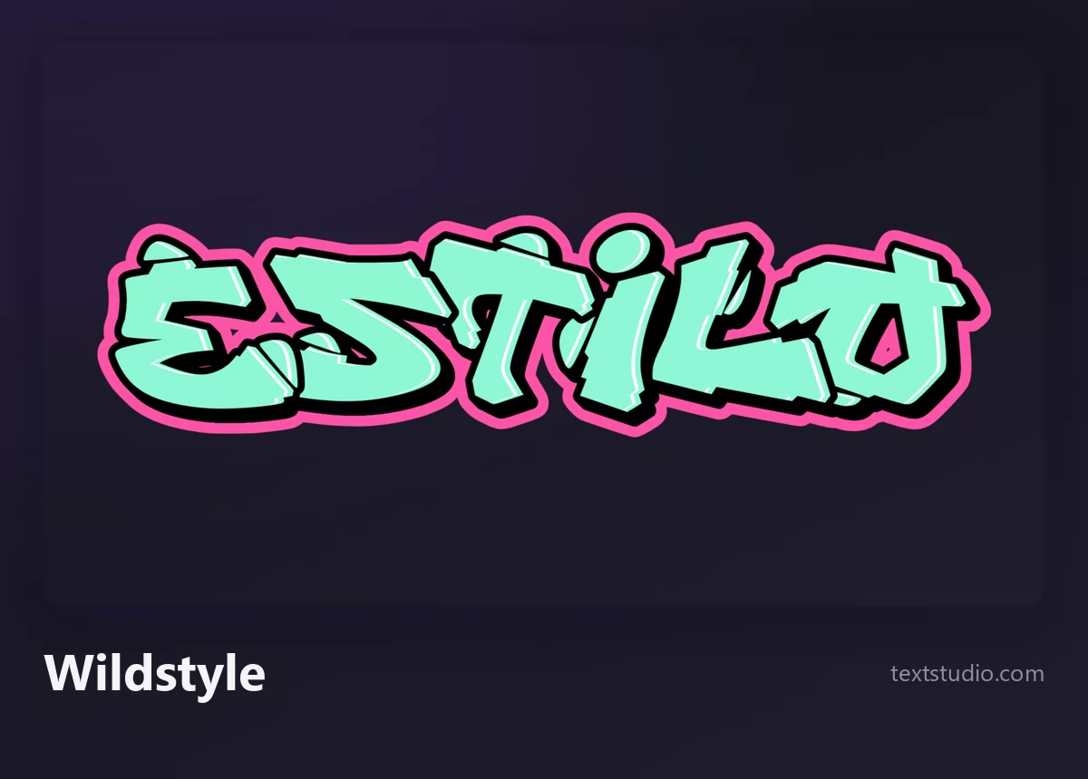 La palabra Estilo en graffiti wildstyle, letras verde menta entrelazadas con contorno rosa y conectores angulosos