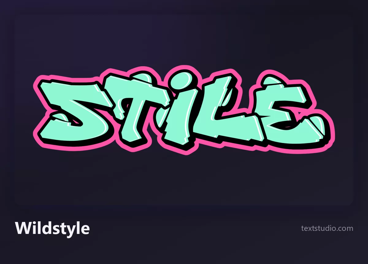 La parola Stile in graffiti wildstyle, lettere verde menta incastrate tra loro con contorno rosa e connettori spigolosi