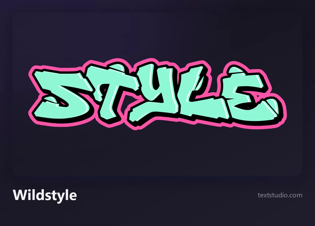 The word Style in wildstyle graffiti, interlocking mint green letters with a pink outline and angular connectors