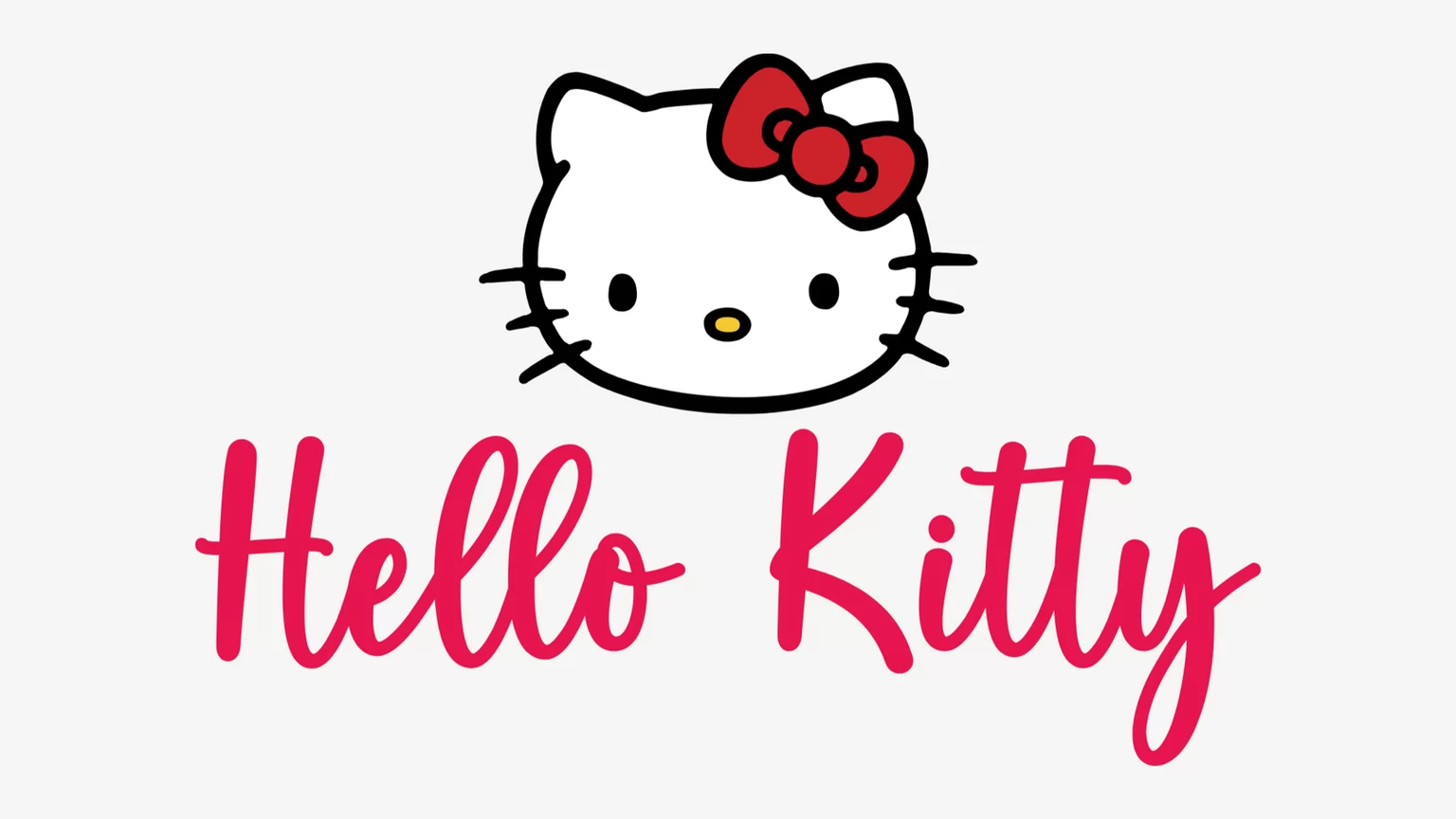 The words Hello Kitty in a red script under the white face of Kitty with her red bow, on a pale grey background
