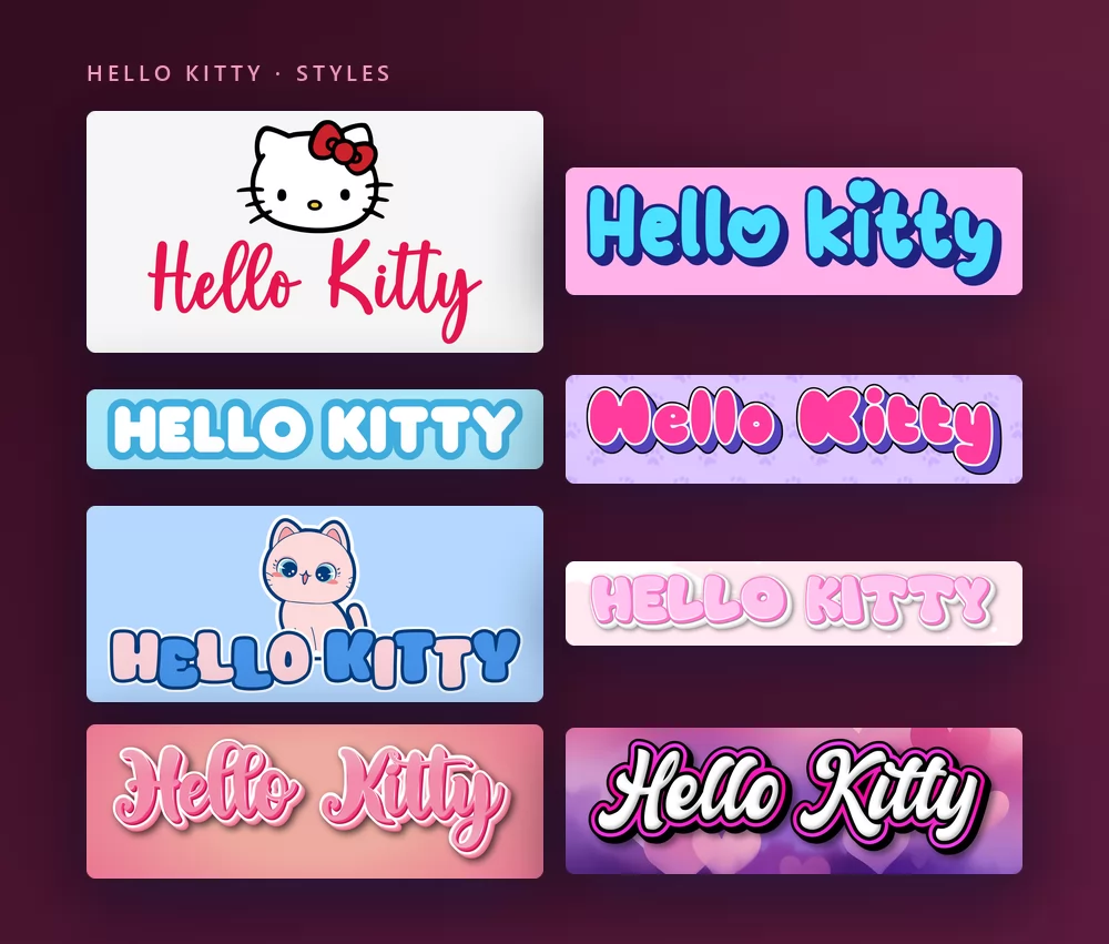 Huit versions des mots Hello Kitty en lettrage mignon : une écriture rouge sous la tête de Kitty, des lettres bulles bleues sur rose, des capitales arrondies bleu pâle façon Cinnamoroll, des lettres rose vif sur un motif de pattes violet, des lettres bleues à côté d'un chat de dessin animé, des lettres kawaii roses sur des nuages, une écriture rose brillante, et une écriture blanche sur des cœurs