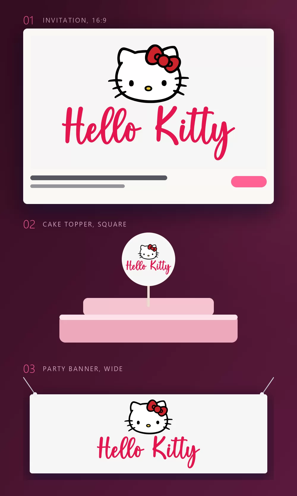 The same name shown in three party mock-ups: as the artwork of a printed invitation with lines of text under it, as a round cake topper on a stick planted in a pink cake, and as a banner hanging from two cords